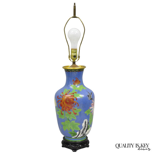 Vintage Chinoiserie Blue Cloisonné Enamel Oriental Brass Satsuma Vase Table Lamp