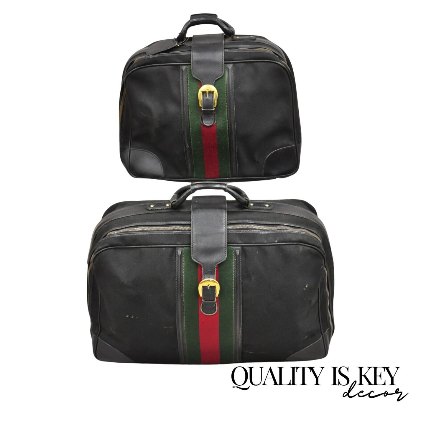 Vintage Gucci Black Canvas & Leather Suitcase Luggage Travel Bag Set - 2 Pcs