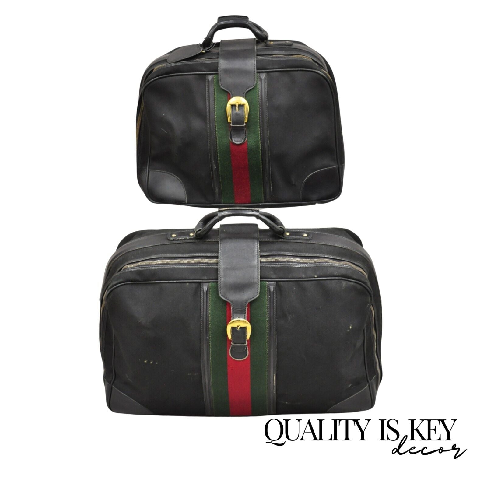 Vintage Gucci Black Canvas & Leather Suitcase Luggage Travel Bag Set - 2 Pcs