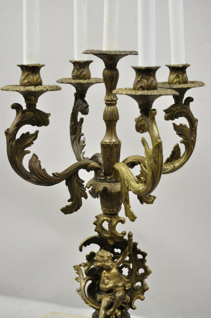 Vintage French Rococo Style Figural Cherub Brass & Marble Candelabra Table Lamp