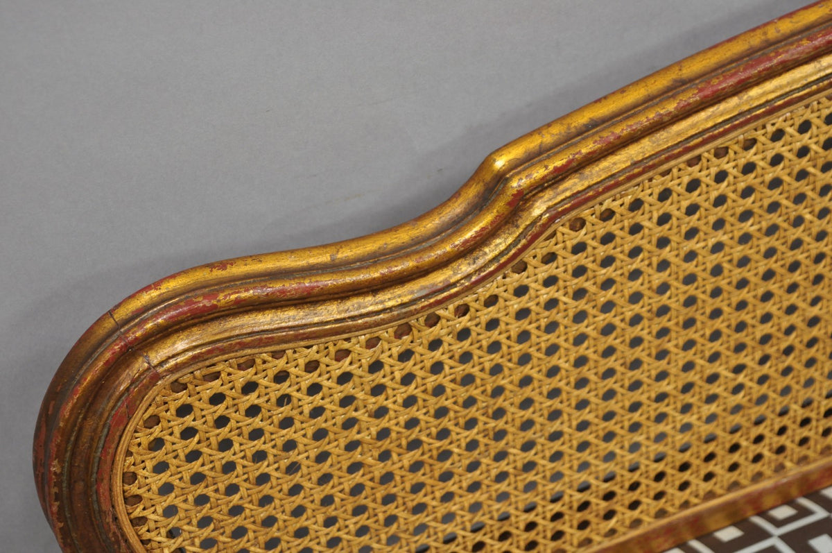 Vintage French Louis XV Style Distressed Gold Gilt Cane Back Vanity Bench Seat