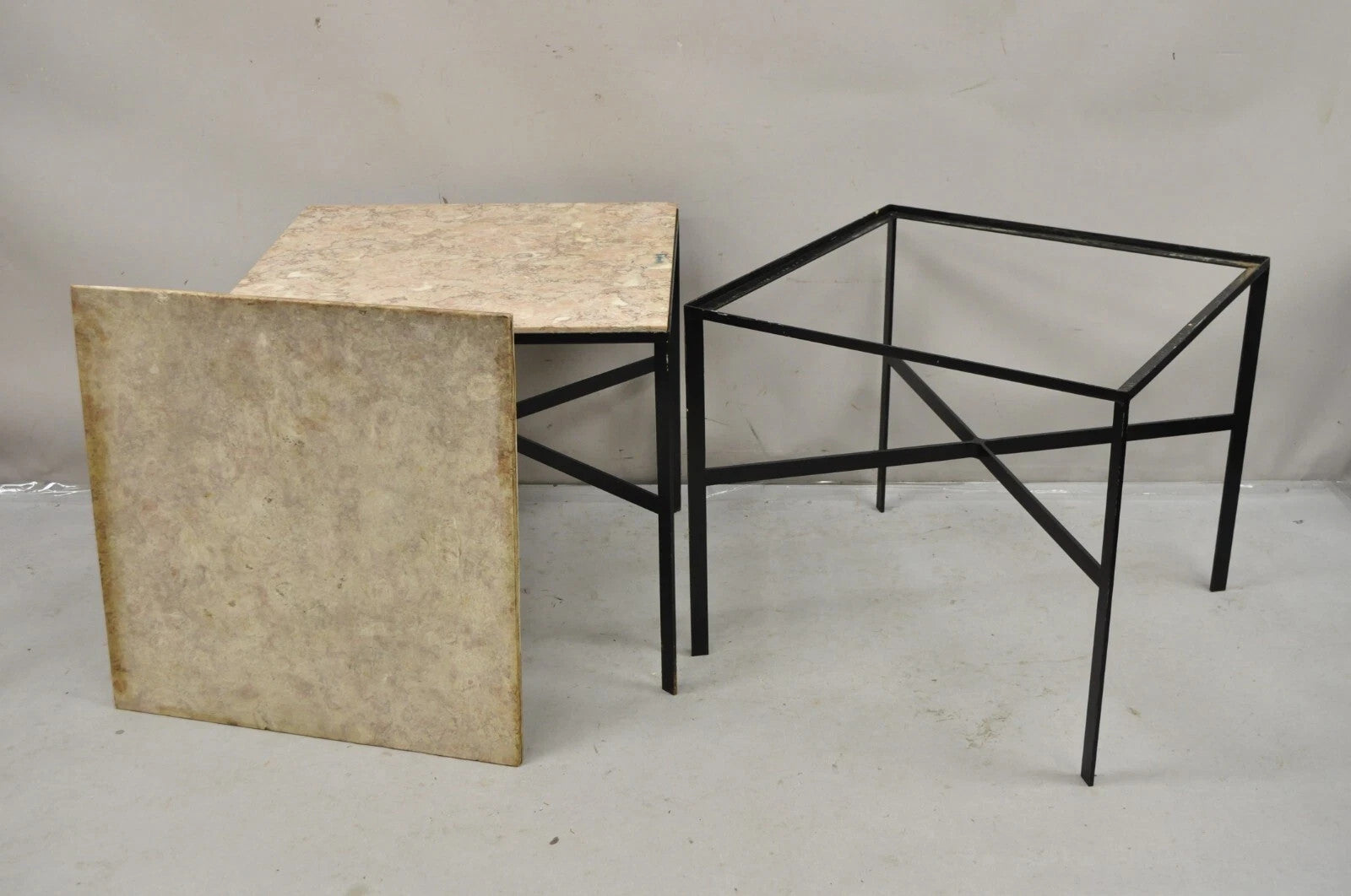 Mid Century Modern Paul McCobb Style Wrought Iron Marble Square Side Table Pair