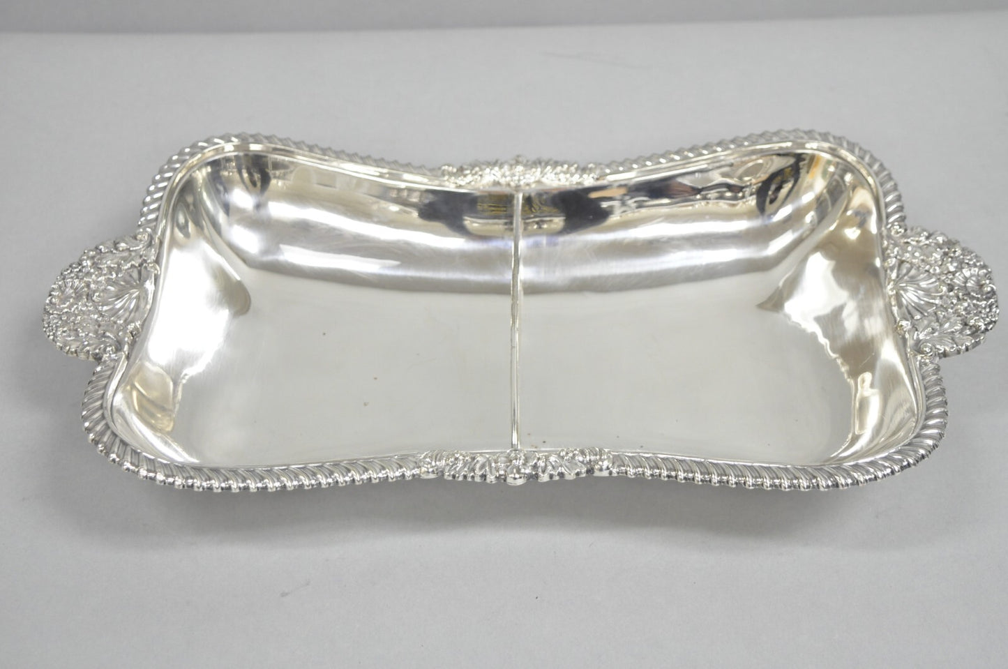 Antique English Victorian Scalloped Silver Plated Serving Dish Platter w Divider