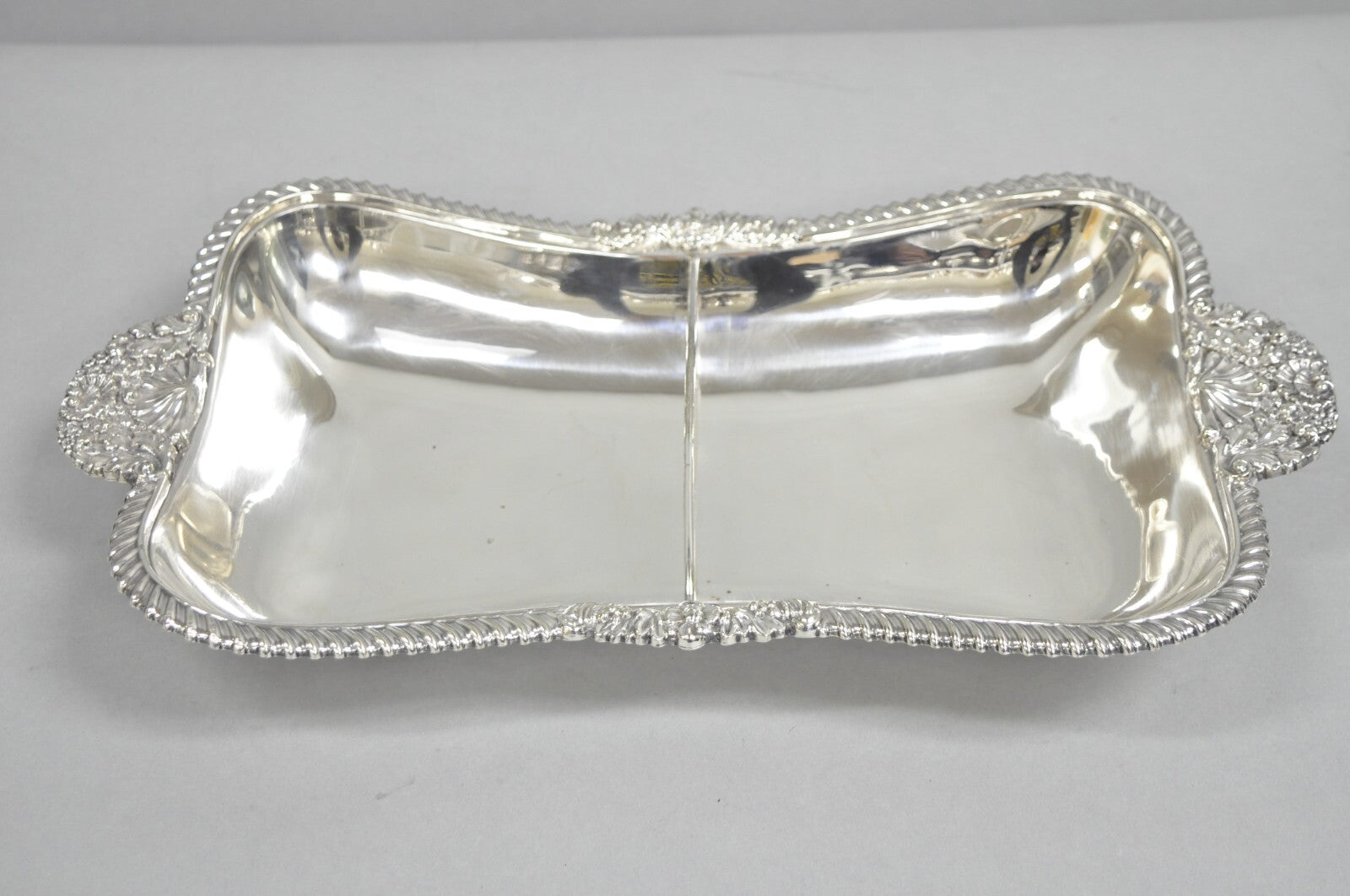 Antique English Victorian Scalloped Silver Plated Serving Dish Platter w Divider
