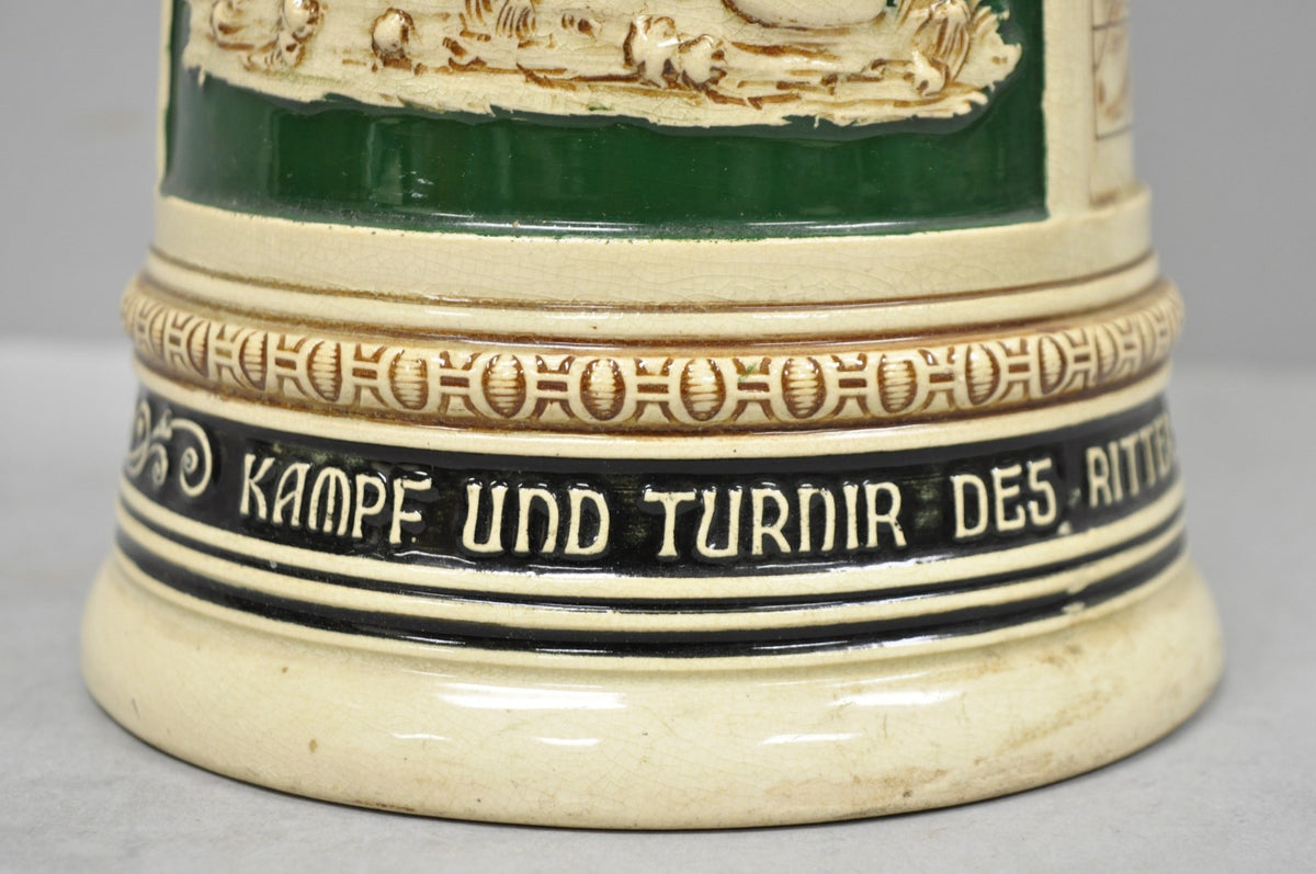 Antique German XL 20" Tall Figural Green Stoneware Beer Stein Tankard Mug w/ Lid