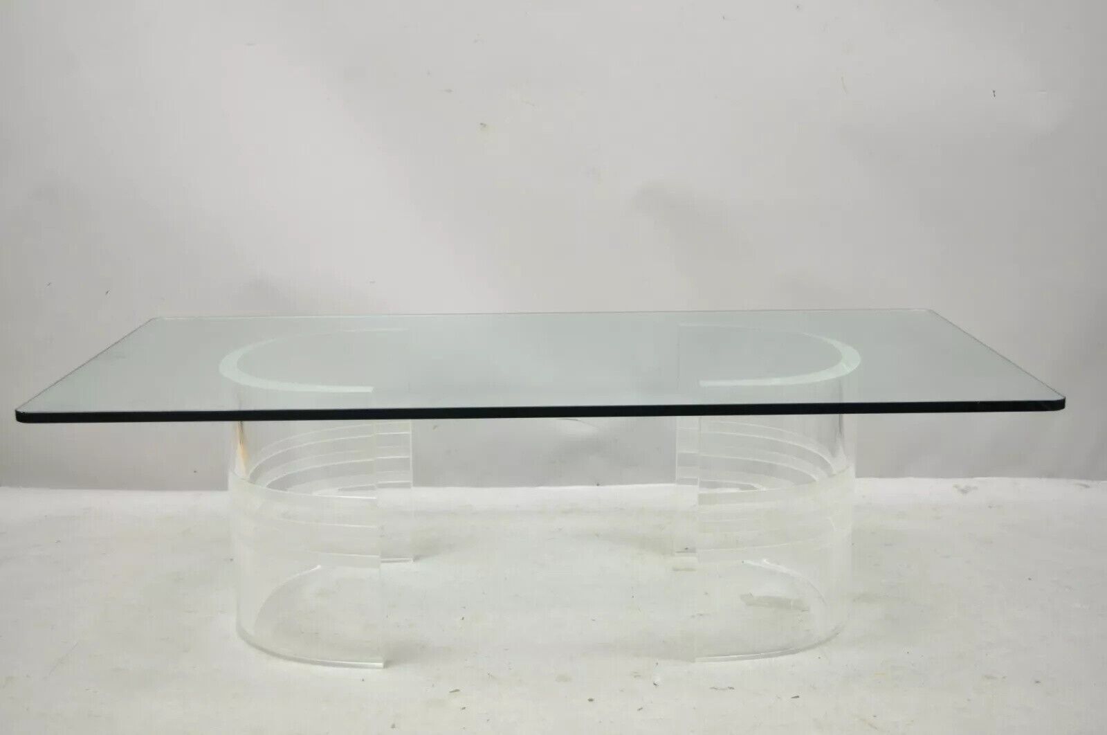 Mid Century Modern Curved Lucite Double Pedestal Rectangular Glass Coffee Table