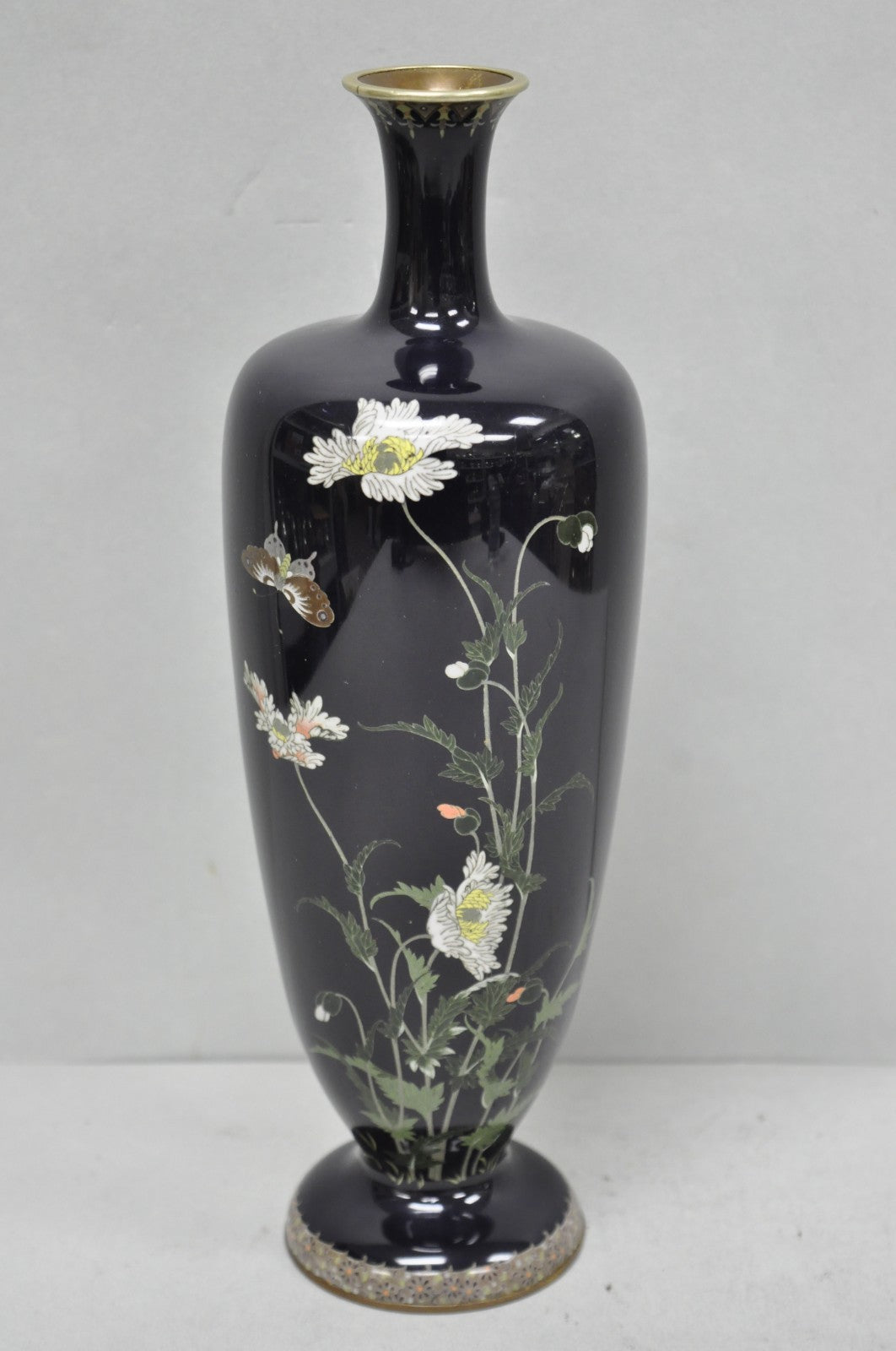 Meiji Period Japanese Cloisonne Enamel Dark Blue Daisy & Butterfly Tall Urn Vase