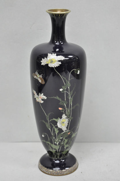 Meiji Period Japanese Cloisonne Enamel Dark Blue Daisy & Butterfly Tall Urn Vase