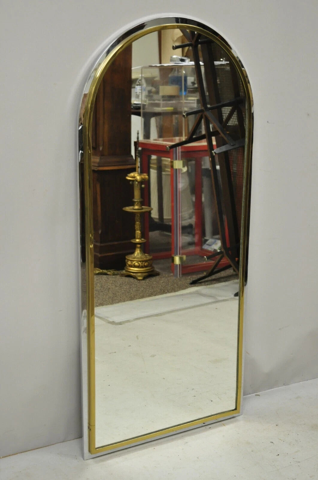Italian Modernist Maison Jansen Style Steel Brass Chrome Arch 48" Wall Mirror