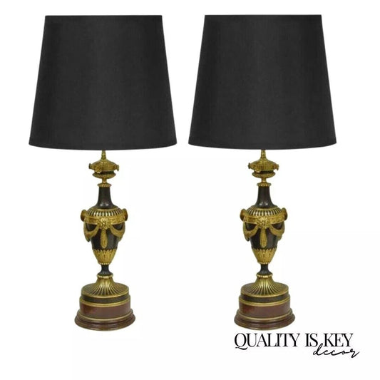 19th C. French Neoclassical Louis XVI Style Bronze Drape Urn Table Lamps - Pair