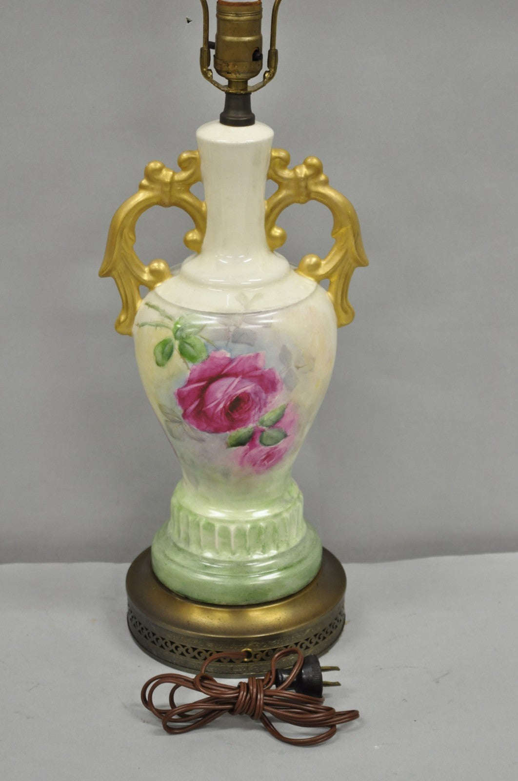 Antique Victorian French Porcelain Hand Painted Flower Vase Form Table Lamp