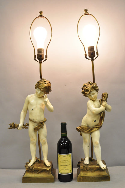 Antique French Moreau Figural Full Cherub Painted Metal Table Lamps - a Pair