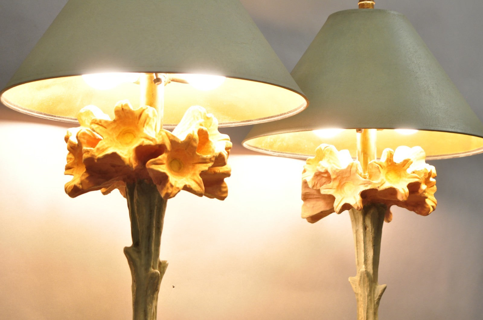 Vintage Hollywood Regency Pink Lily Flower Bouquet Tall Table Lamps by Hart Pair