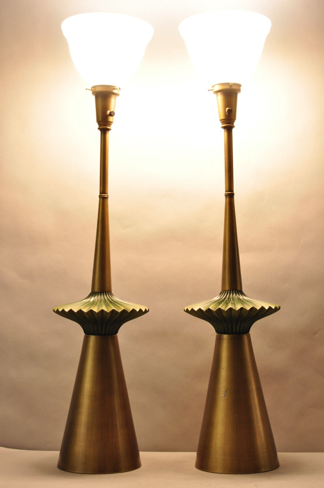 Vintage Mid Century Modern Atomic Era Green Flying Saucer Gold Table Lamp - Pair