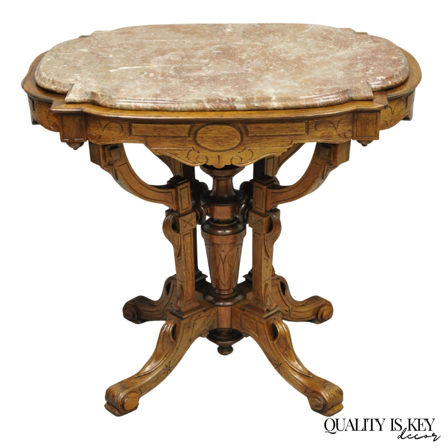 Antique Eastlake Victorian Carved Walnut Marble Top Parlor Lamp Side Table