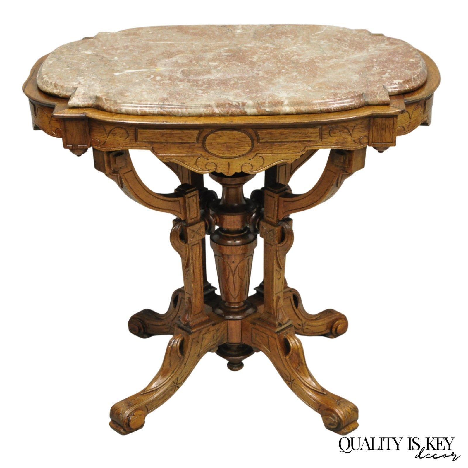 Antique Eastlake Victorian Carved Walnut Marble Top Parlor Lamp Side Table