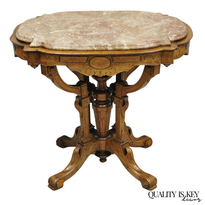Antique Eastlake Victorian Carved Walnut Marble Top Parlor Lamp Side Table