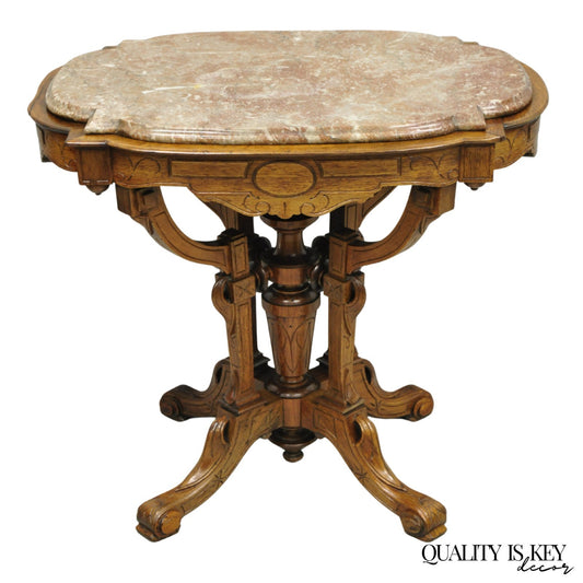 Antique Eastlake Victorian Carved Walnut Marble Top Parlor Lamp Side Table