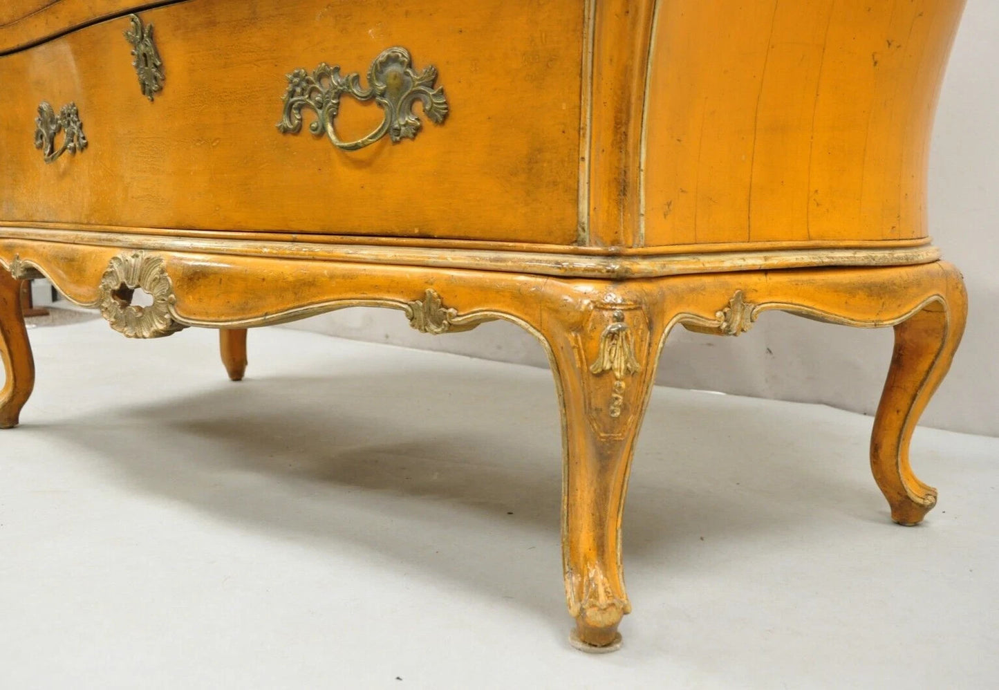 Antique Italian Rococo Louis XV Orange Painted Bombe Commode Chest of Drawers