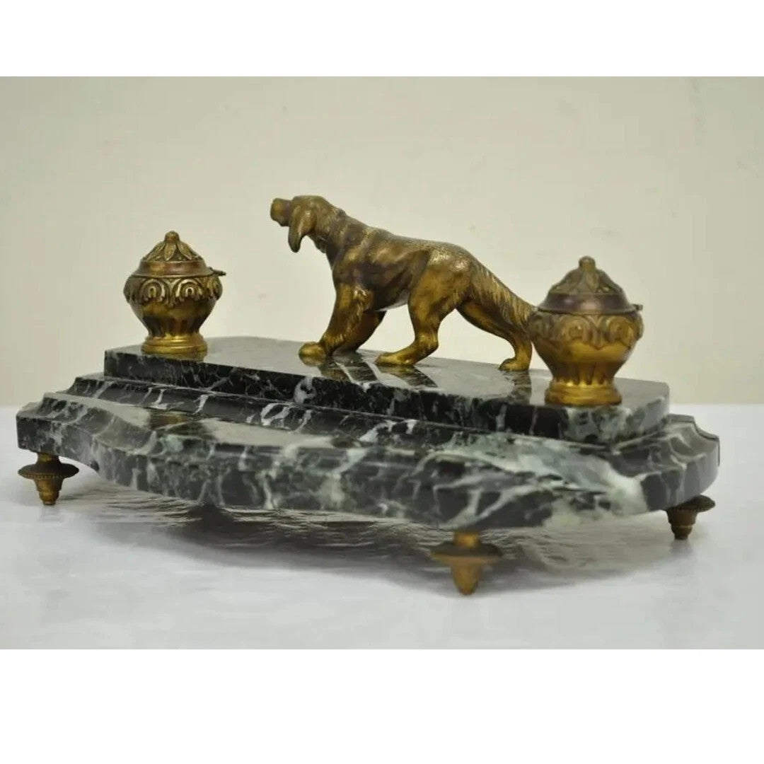 Antique French Empire Figural Bronze & Marble Hunting Dog Desk Double Inkwell