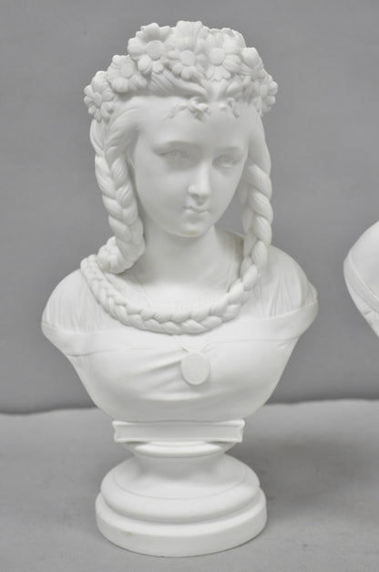 Antique French Classical Parian Porcelain 13" Goddess Female Maiden Bust - Pair