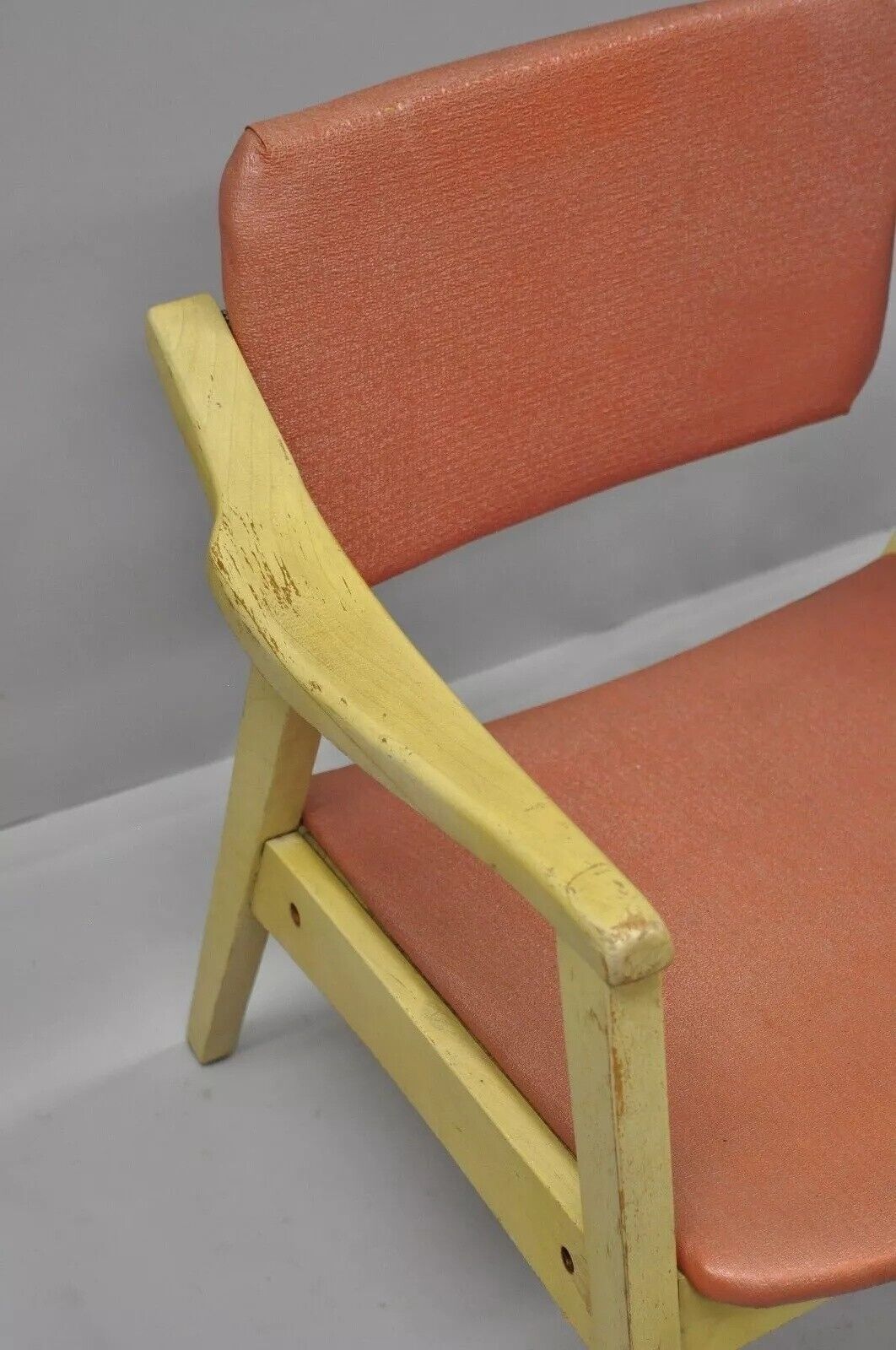 Vintage Mid Century Modern Pink Vinyl Blonde Wood Armchair w/ Pivoting Back