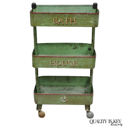 Antique "Bath House 2" Green Painted Metal 3 Tier Rolling Bathroom Trolley Cart