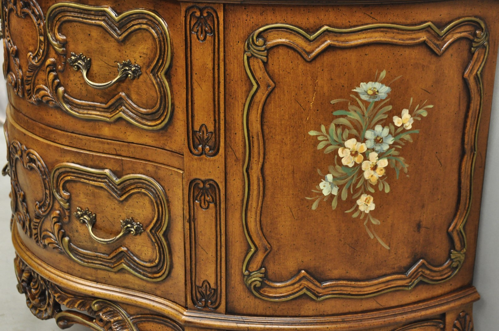 Vintage French Louis XV Style Bombe Demilune Marble Top Floral Painted Commode