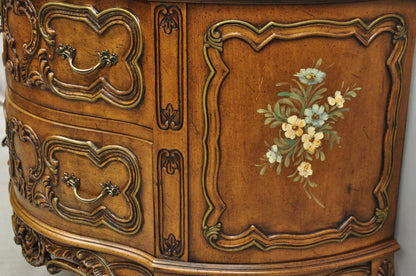 Vintage French Louis XV Style Bombe Demilune Marble Top Floral Painted Commode