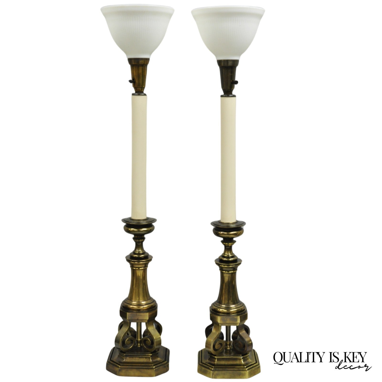Vintage Hollywood Regency Burnished Brass Tall Candlestick Table Lamps - a Pair