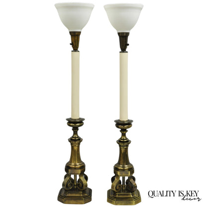 Vintage Hollywood Regency Burnished Brass Tall Candlestick Table Lamps - a Pair