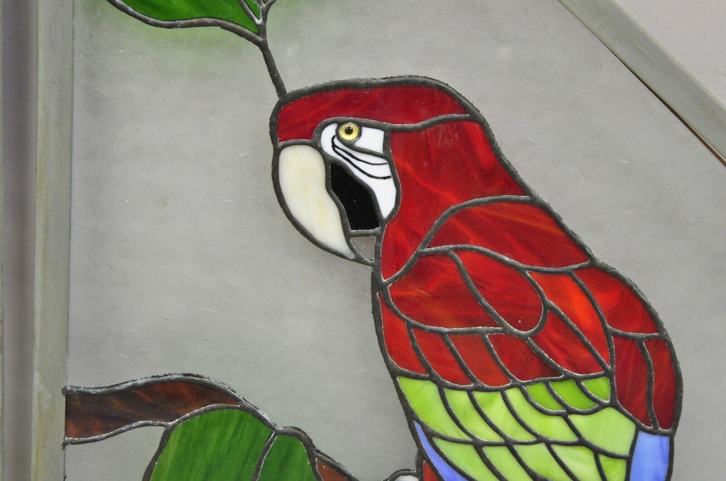 Vintage Leaded Stained Glass Red and Blue Parrot Bird Window Suncatcher - a Pair