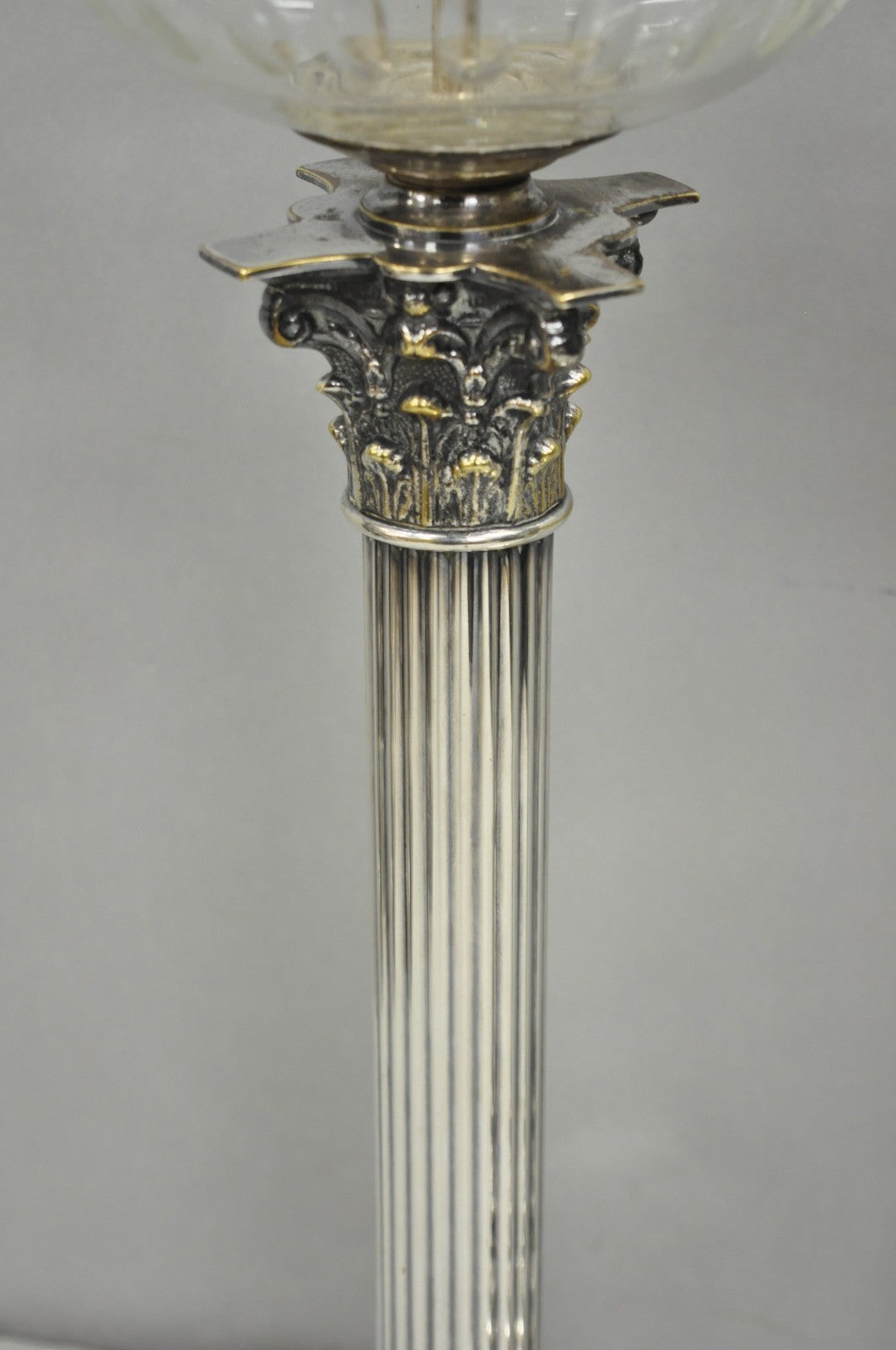 French Empire English Silver Plated Corinthian Column Table Lamp - Near Pair