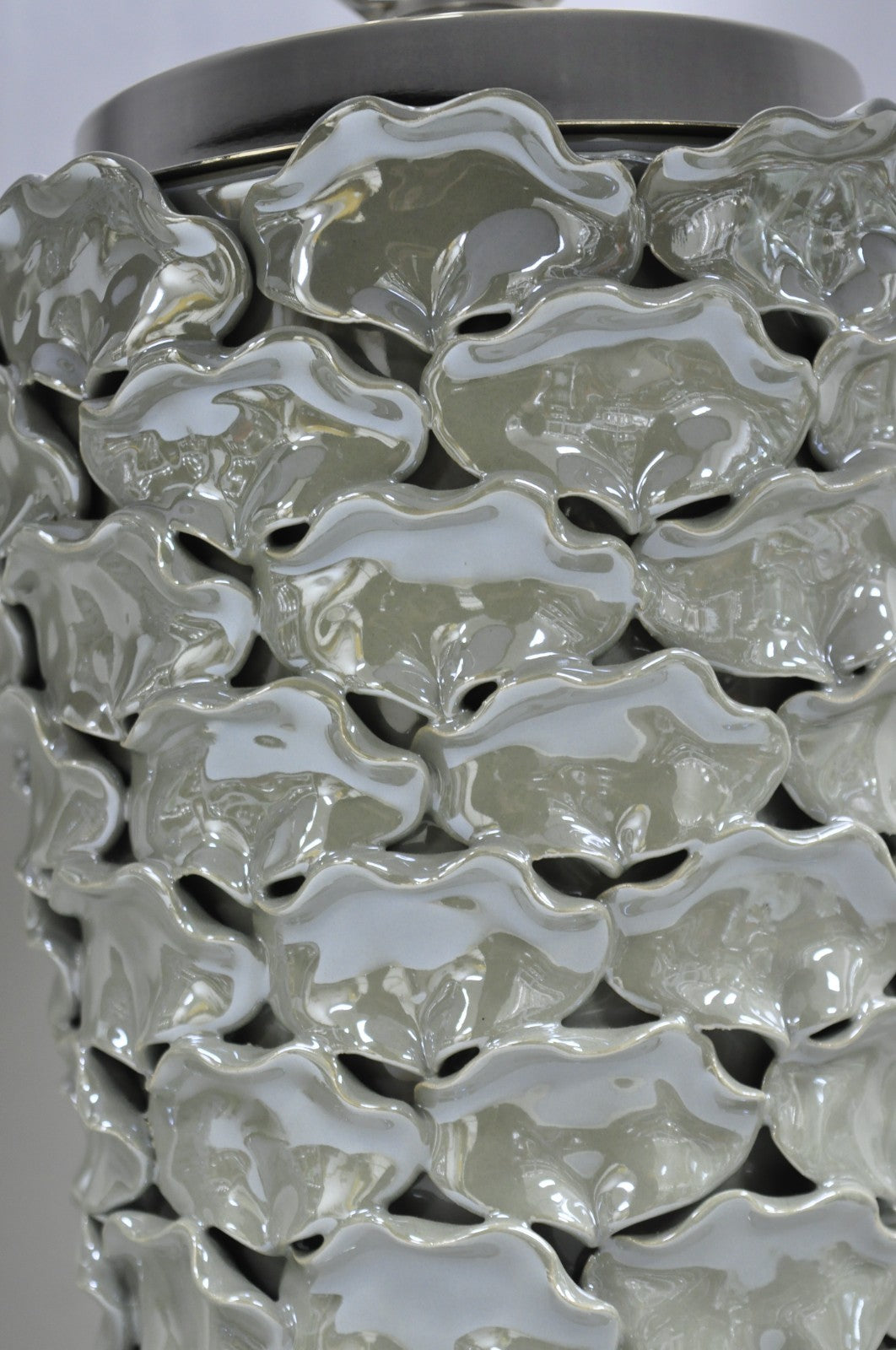 Contemporary Modern Gray Porcelain Leaf Leaves Chrome Table Lamps - a Pair