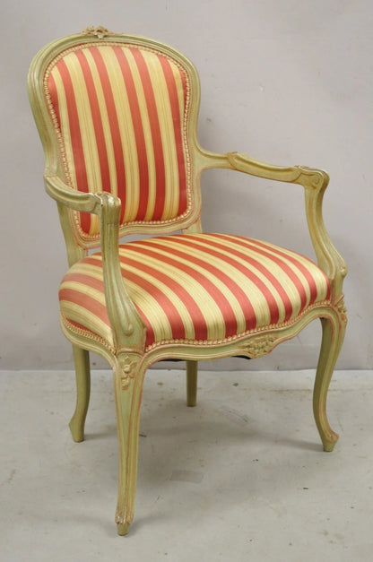 Vintage French Louis XV Style Green & Pink Painted Arm Chair w/ Striped Fabric