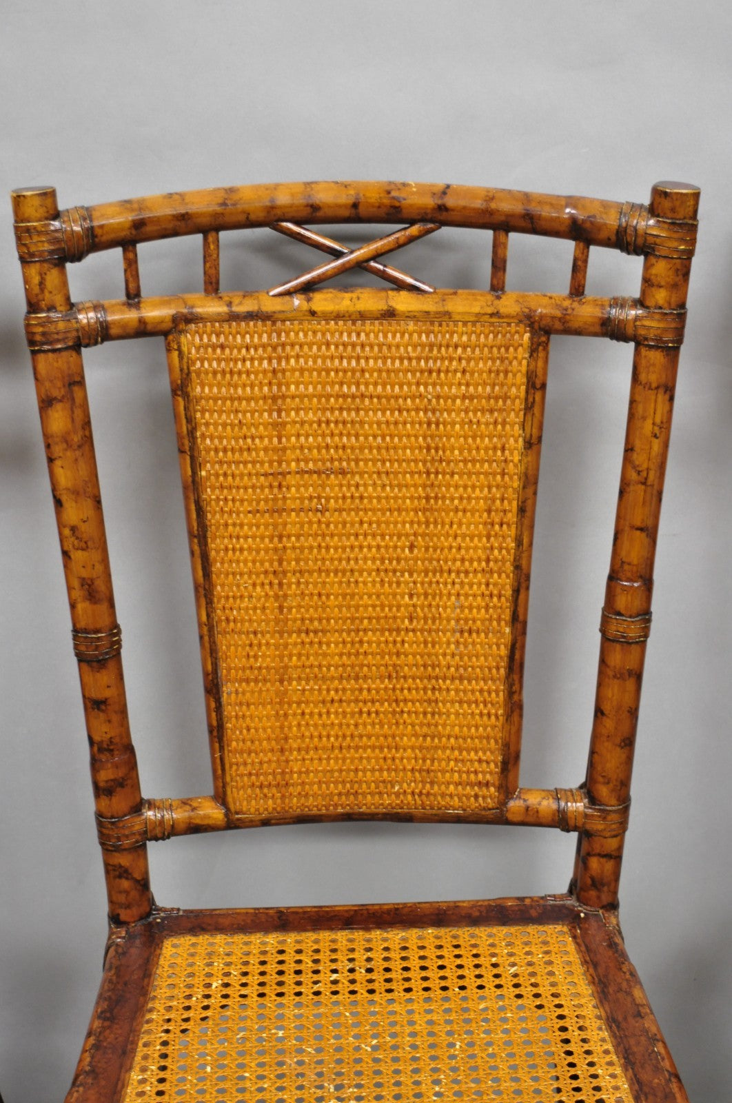 Hollywood Regency British Colonial Burnt Bamboo Cane Dining Chairs - Set of 4