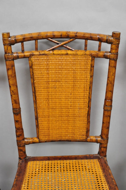 Hollywood Regency British Colonial Burnt Bamboo Cane Dining Chairs - Set of 4