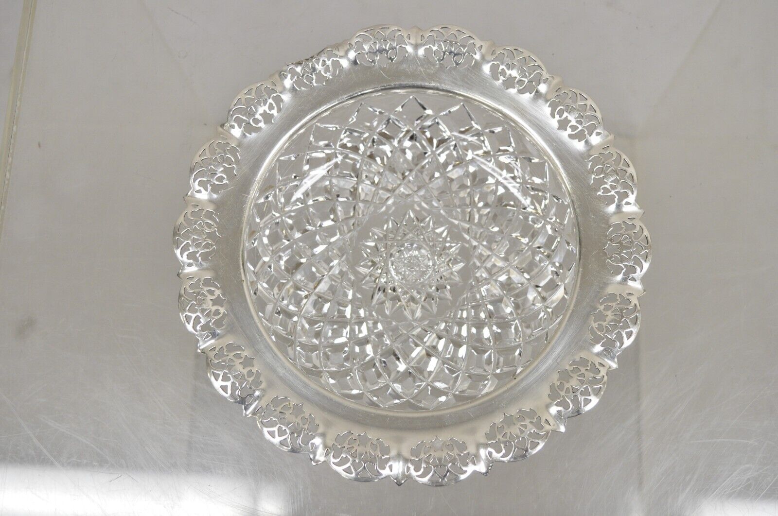 Antique English Victorian Cut Crystal Silver Plated Gallery Ashtray Trinket Dish