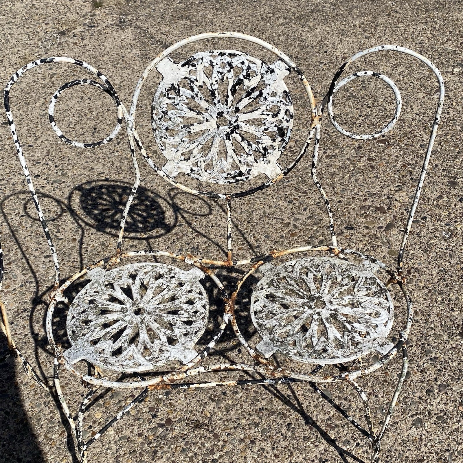 Antique Victorian French Wrought Iron Small Garden Patio Bench Plant Seat, Pair