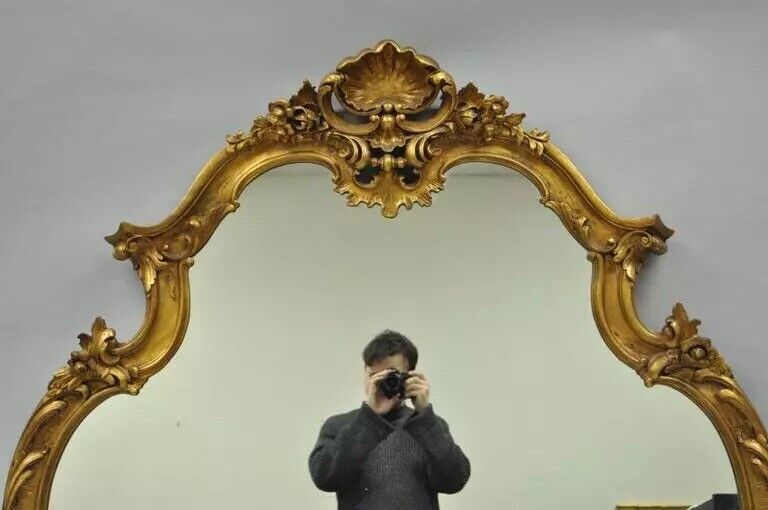 Vintage French Rococo Louis XV Style Shell Carved 65" Large Gold Wall Mirror