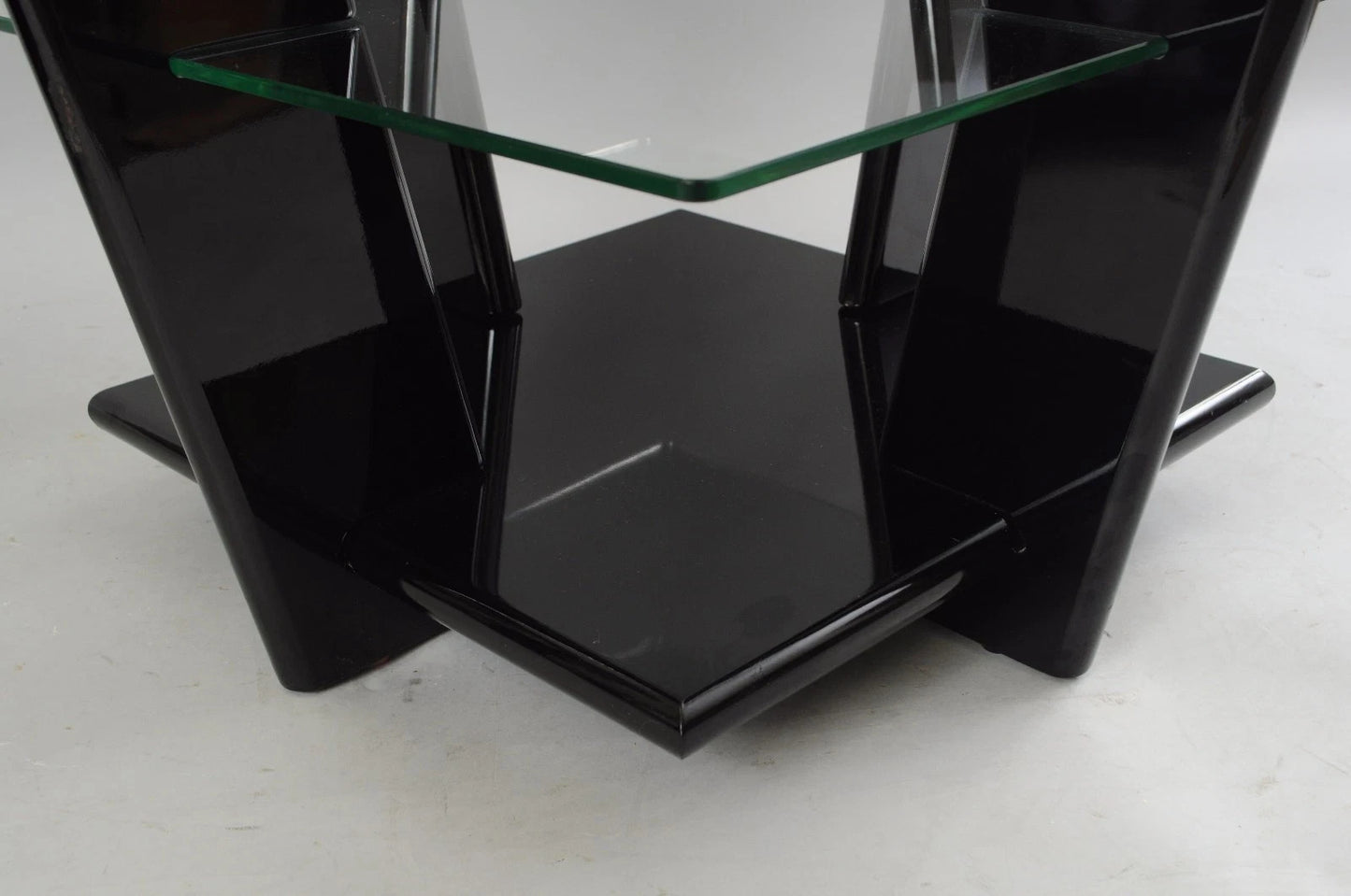 Contemporary Modern Black Lacquer & Glass 3 Tier Space Age End Tables - a Pair