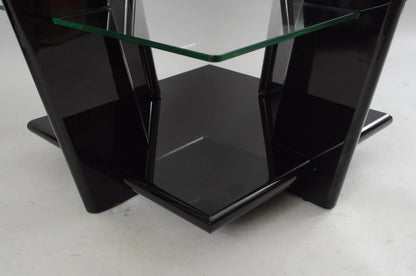 Contemporary Modern Black Lacquer & Glass 3 Tier Space Age End Tables - a Pair