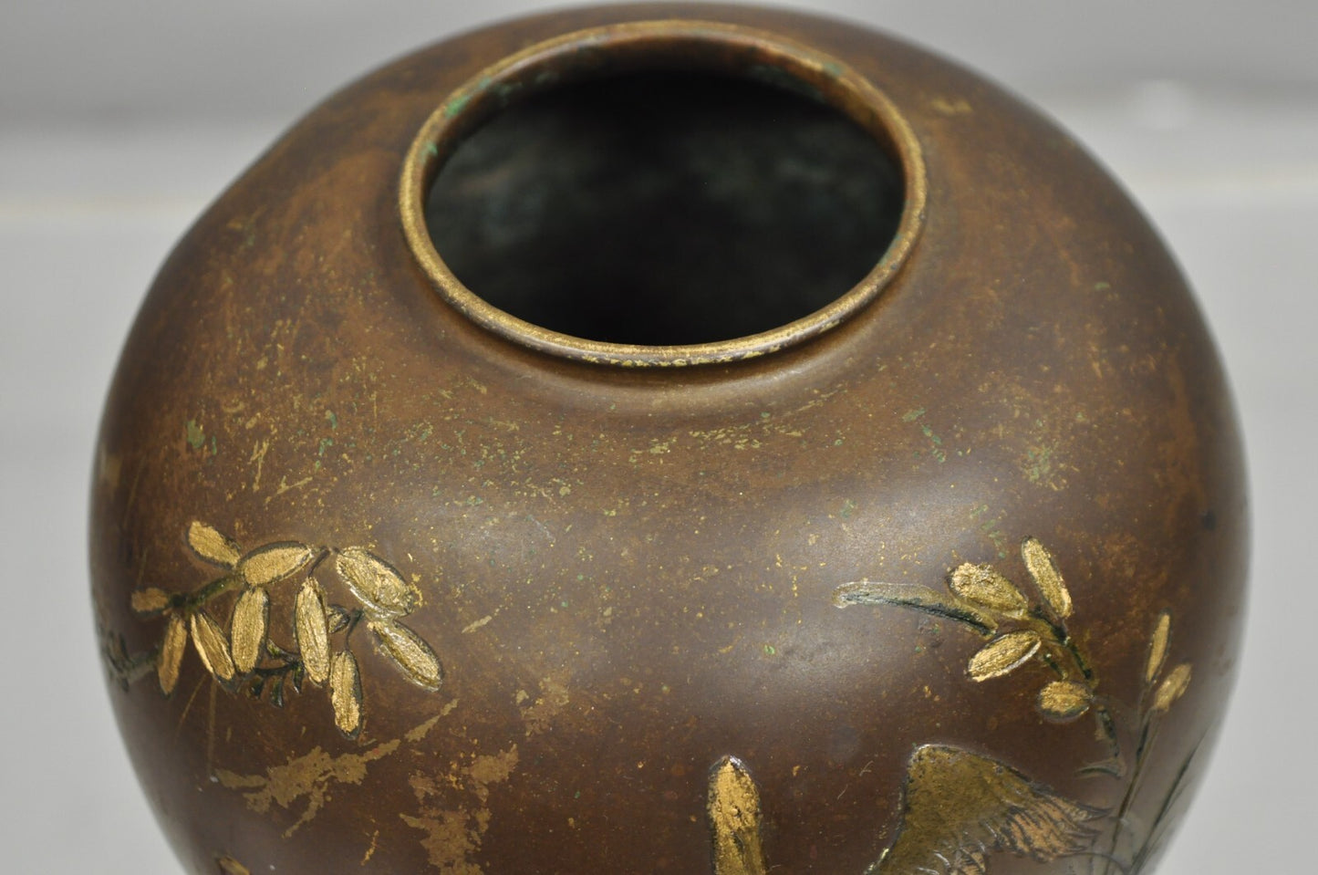 Vintage Chinese Bronze Hand Painted Bird Crane Oriental Bulbous Bud Vase