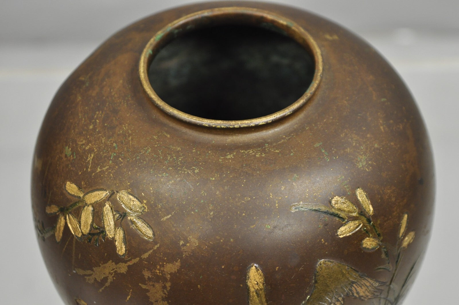 Vintage Chinese Bronze Hand Painted Bird Crane Oriental Bulbous Bud Vase
