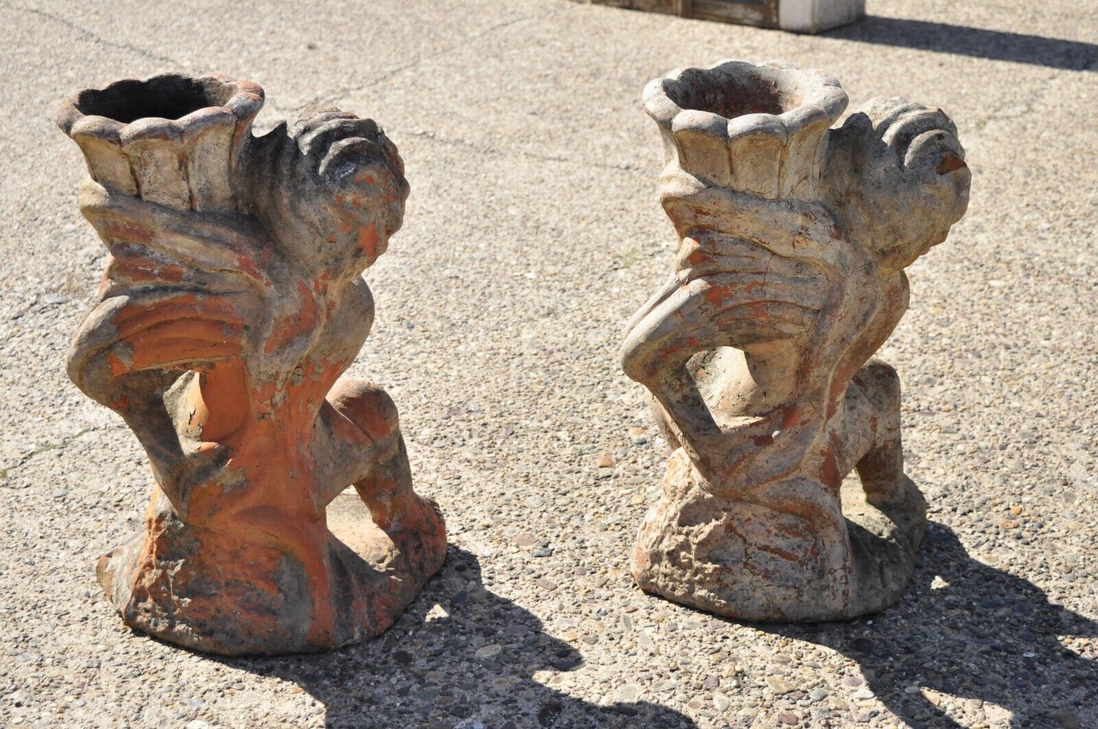 Antique Cast Terracotta Figural 28" Cherub Putti Garden Planter Pots - a Pair