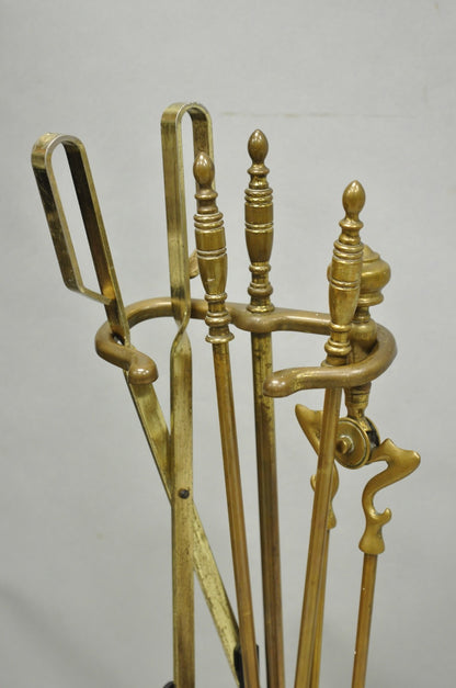 Antique English Federal Brass Urn Finial Fireplace Tool Set with Stand