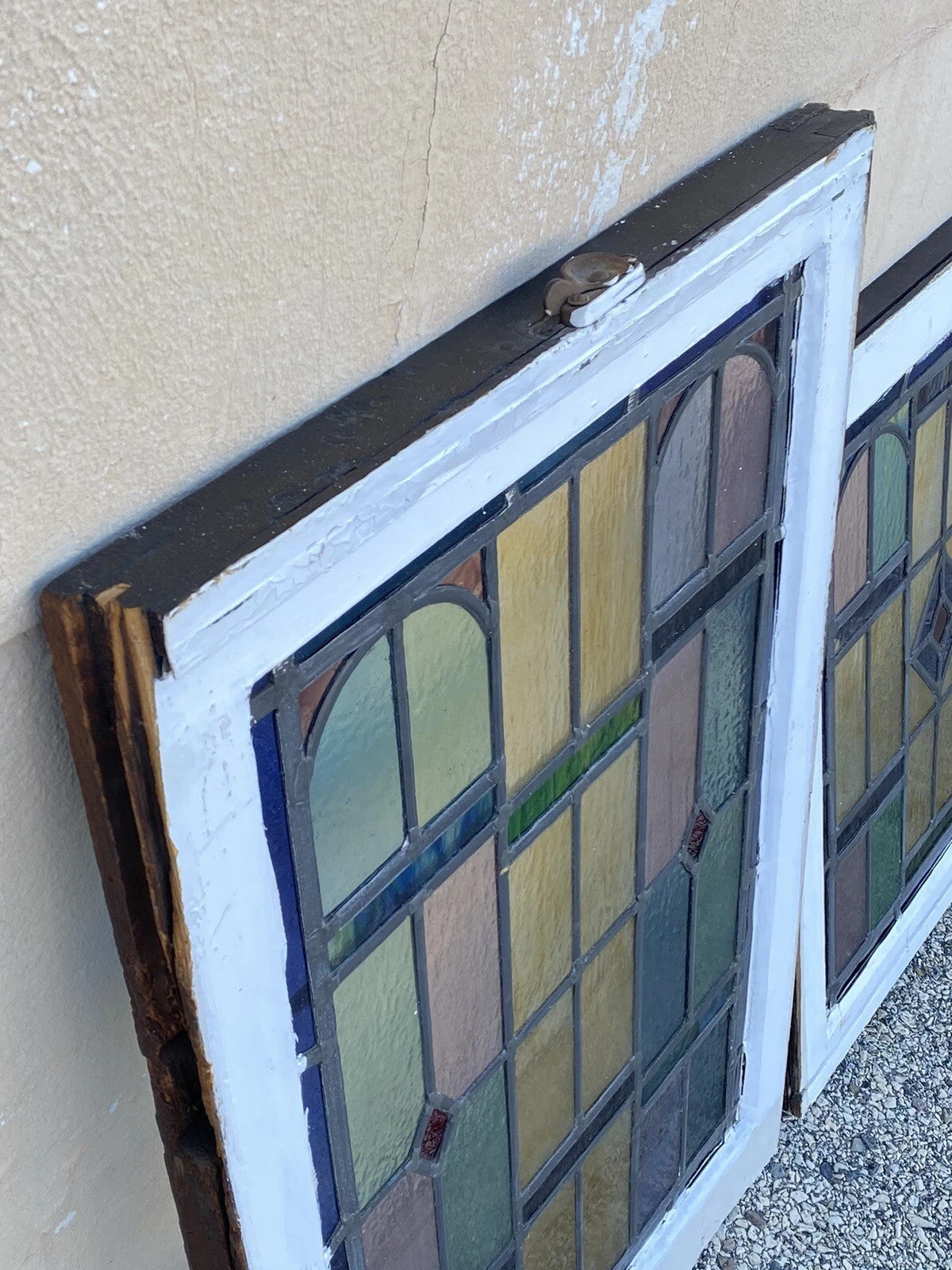 Antique Art Deco Leaded Stained Glass Pink Green Blue Yellow Windows - a Pair