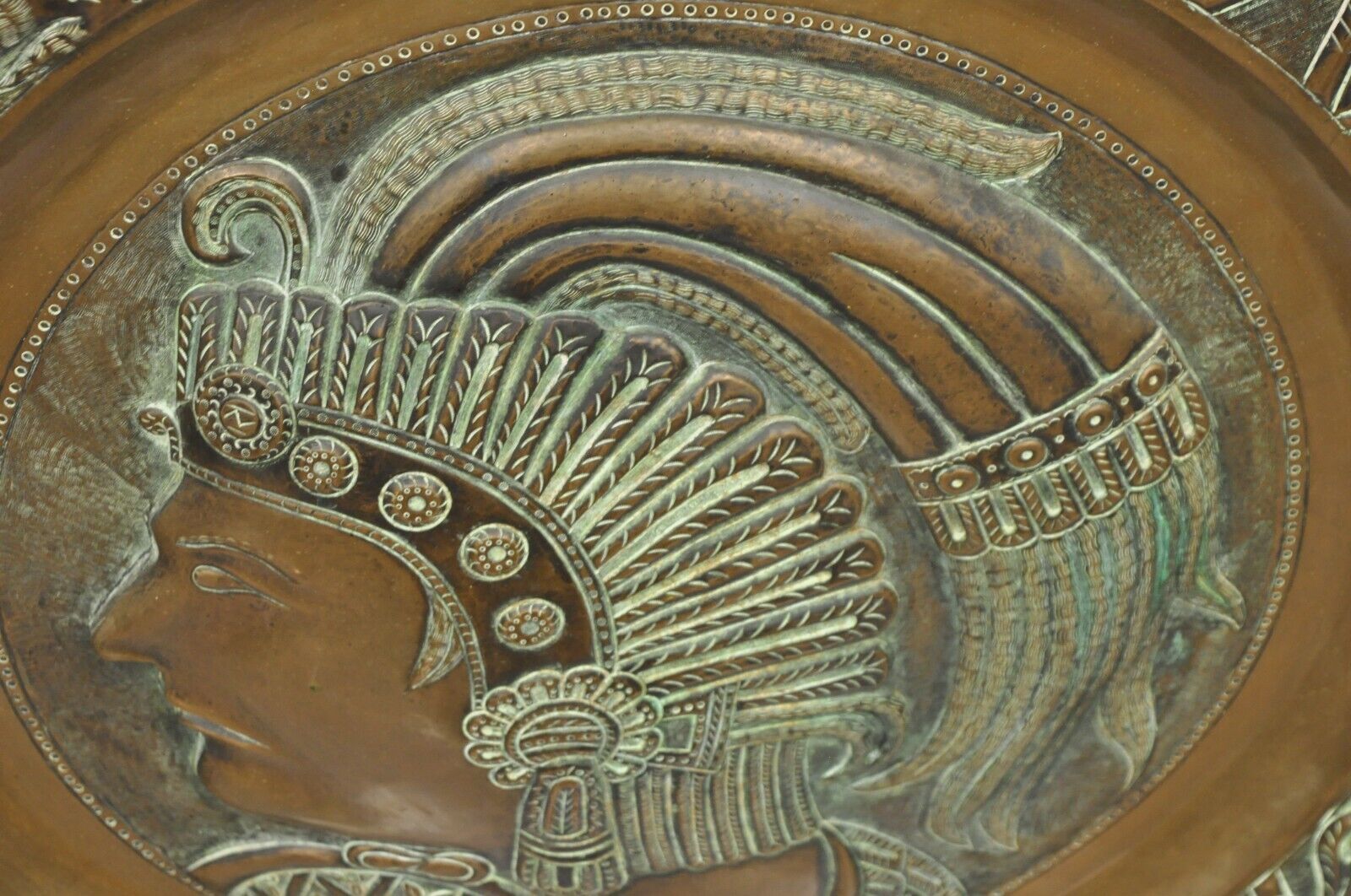 Vtg Copper Relief Figural Mexican Aztec Warrior Large Wall Plaque Charger Tray