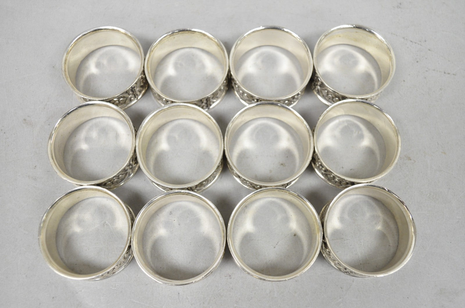 Vintage Victorian Style Silver Plated Floral Embossed Napkin Rings - Set of 12