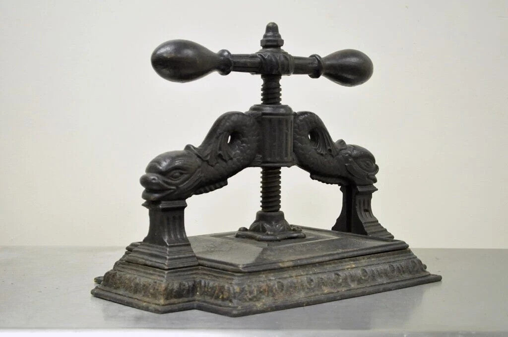 Antique 19th C. Cast Iron Classical Figural Dolphin Victorian Book Press